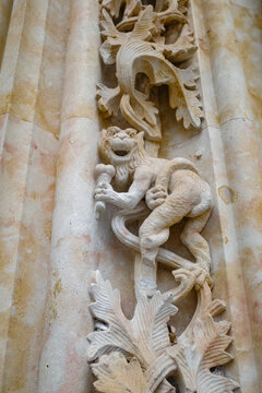 Salamanca, Spain - 4 March 2025: Details of stone carvings on exterior of New Cathedral Salamanca