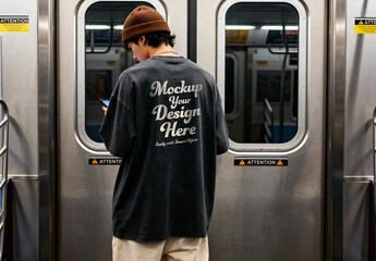 Man Using Phone While Standing in Subway Car Doorway