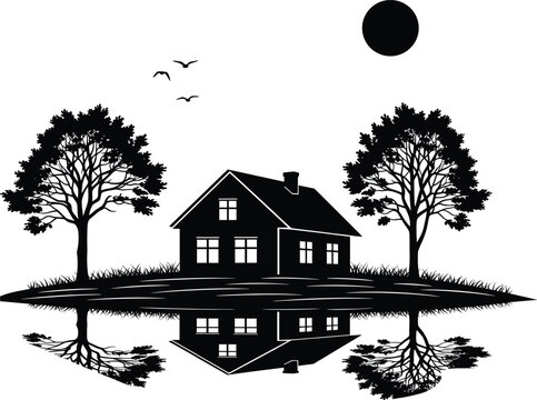 Silhouette pine tree in black pot with editable anchor points for nature, decoration, graphic design, and vector illustration software