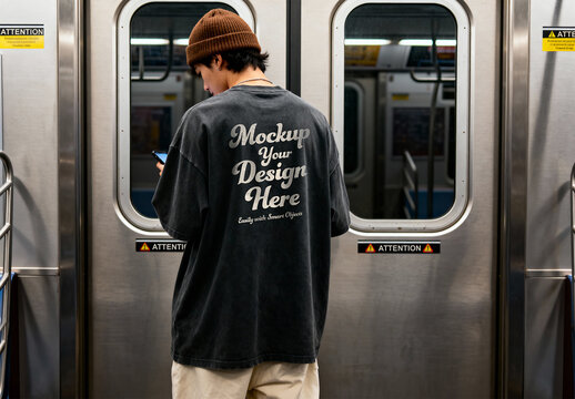 Man Using Phone While Standing in Subway Car Doorway