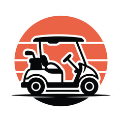 Golf cart with clubs on orange striped background vector graphic vehicle transportation