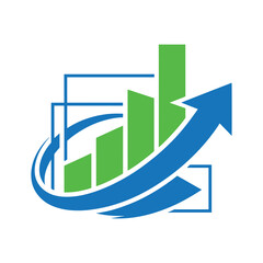 Green and blue bar graph with upward arrow and abstract shapes chart growth