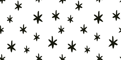 Vector seamless pattern with black cute hand drawn stars on white background. Simple sparkle print for wrapping paper, textile, wallpaper, children and festive decor.