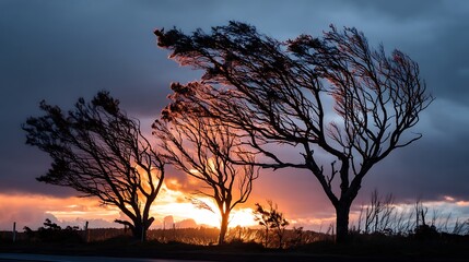 Naklejka premium A stunning sunset through storm clouds, silhouetting windswept trees, creating a dramatic atmospheric scene.