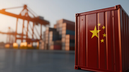 Container with flag design for shipping logistics, international trade, and supply chains at a port with cranes and containers. Global commerce, export.