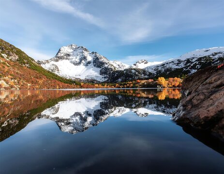 Stunning high-altitude view of a mountain lake during golden hour, where the calm water surface flawlessly reflects the snow-dusted peaks and warm sunlight.