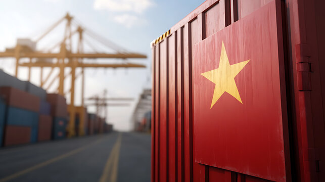 Cargo container with a star on the side, symbolizing trade and international commerce within a bustling port with gantry cranes against a light-filled sky.
