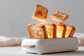 Toasted bread slices emerge from a white toaster with some hovering above against a light backdrop
