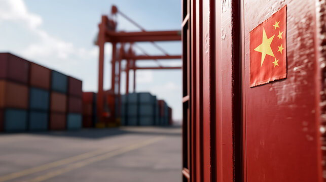 China's global trade seen through shipping container at a port. Cargo, logistics, and international commerce concept with red container and flag. - Powered by Adobe