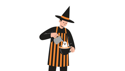 Obraz premium Barista in witch hat making spooky ghost latte art for Halloween season