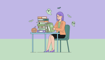 Smiling businesswoman organizing festive Halloween office files with ghosts and bats