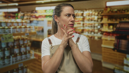 Blonde woman frowns while pressing palms together in bright supermarket aisle between shelves;...