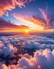 Sunset over fluffy clouds and vibrant sky with orange hues