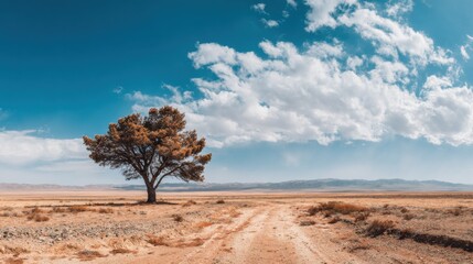 Lonely tree stands tall on a desert road under a bright blue sky.