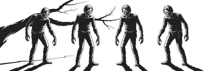 Silhouette vector illustration of scary zombies walking with shadows, horror undead creatures, Halloween monster design and apocalypse character artwork isolated background © MdMeherul