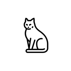 Simple black and white line drawing of a sitting cat with a curved back and attentive expression.