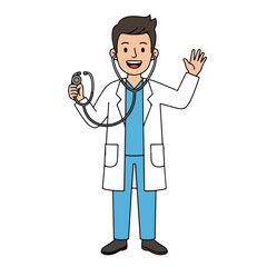 Friendly male doctor waving, stethoscope around neck, ready to provide healthcare