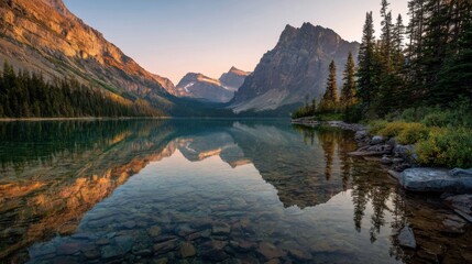 Fototapeta premium Serene mountain lake reflecting the majestic peaks at sunrise, tranquil landscape.