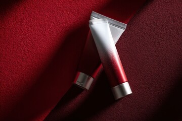 Two cosmetic tubes white  red overlap diagonally on a textured dualtoned red background
