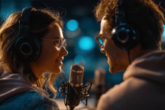 Two people in headphones face each other across a microphone in a studio - Powered by Adobe
