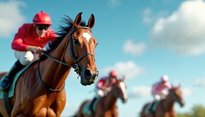 Obraz premium Brown racehorse and jockey in red silks lead competitors during race. Other racers blur behind under bright blue sky. Dynamic action, speed, fierce competition at pro equestrian sport event.