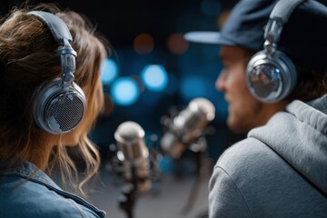 Two people with headphones face mics in a dim studio wearing casual clothes