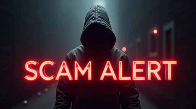 A mysterious figure in a hoodie stands in a dimly lit alley, showcasing a 'Scam Alert' message in bold red letters.