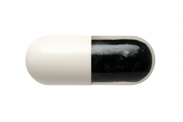 Capsule pill with clear and white casing containing black powder, representing medicine, health, and medical therapy on transparent background