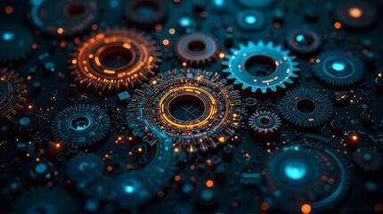 Futuristic glowing gears with cyberpunk energy flow