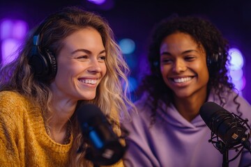 Two smiling women with headphones face microphones in a purplelit recording studio