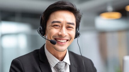 A friendly male customer service representative speaks with a client using a headset in a bright modern office. He wears a suit and shows a cheerful expression enhancing customer interaction.