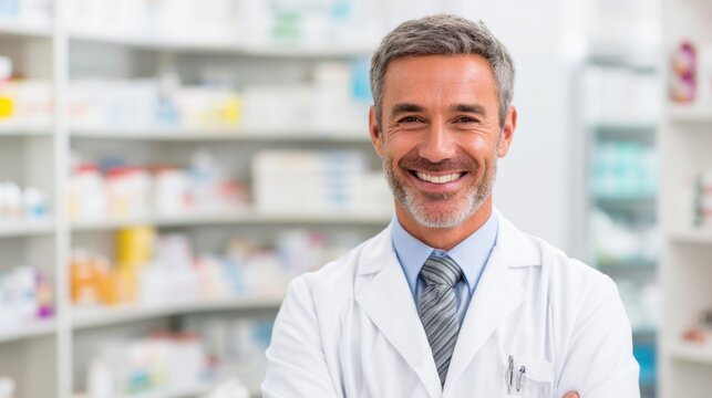 A pharmacist with gray hair and a friendly smile stands in a bright pharmacy. Shelves filled with various medications are visible behind him. He wears a white lab coat and appears professional. - Powered by Adobe