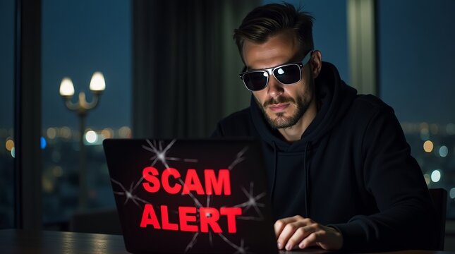 A focused man in sunglasses intensely examines a laptop displaying a 'SCAM ALERT' message against a city night background.