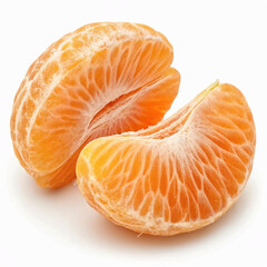 A close-up of two bright orange, peeled citrus fruit segments, such as tangerine, on a white background.