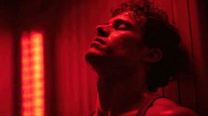 A man enjoys a moment of relaxation in a sauna illuminated by warm red light. The atmosphere promotes wellness and tranquility for body and mind.