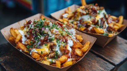 Two servings of loaded fries sit in cardboard trays topped with cheese bacon bits sour cream and diced onions. This dish is a popular choice at food festivals enjoyed in the evening.