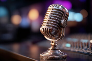 Vintage chrome microphone on a surface blurred lights background and audio mixer partially visible