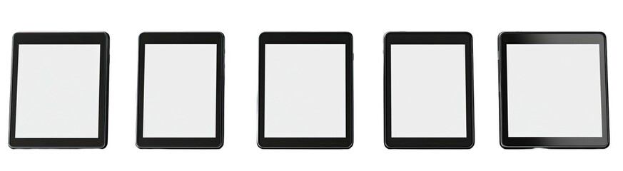 Five identical tablets display blank white screens in a horizontal row