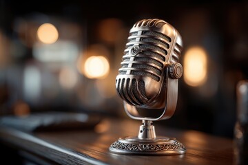 Vintage microphone on wood table ambient blurred lights backdrop