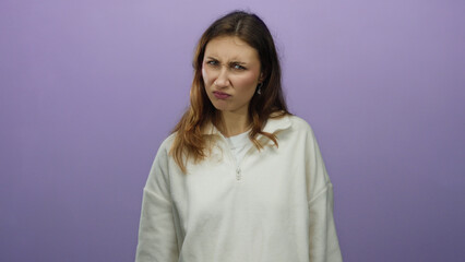Fototapeta premium Woman frowning in front of an isolated purple background wearing a white sweatshirt, expressing displeasure with a serious expression in a studio setting.