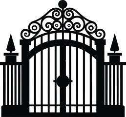 Wrought Iron Gate Silhouette Arch Entrance Ornate Design Decorative Black Metal Fence Door Classic Vintage Style Outdoor Entryway
