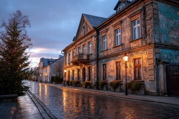 Wet cobblestone street in an old town lined with buildings street lamps and a Christmas tree all lit up