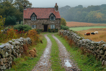 Ancient Farmhouses Nestled in Blooming Countryside Bliss