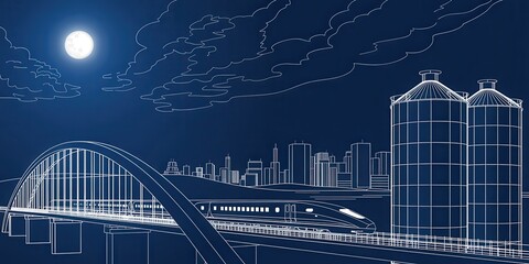 Fototapeta premium Dreamy blueprint of a modern high-speed train gracefully crossing a bridge under a radiant full moon, evoking feelings of innovation and futuristic travel
