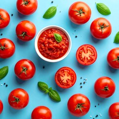 Tomatoes, sauce, and basil arranged on a blue surface