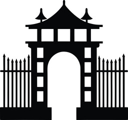 Traditional Japanese Archway Gate Silhouette Vector Element Pagoda Style Entrance with Spiked Fence and Curved Roof