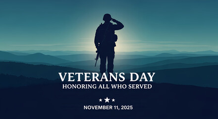 Veterans Day Observance A powerful and reflective silhouette of a saluting soldier against a majestic mountain range, symbolizing gratitude and tribute for all who served