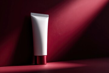 White tube with red base leans on red wall light rays descend