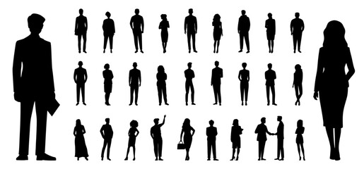 silhouettes set of standing people male and female full body front view with body gesture isolated on white background. Crowd, group of people vector illustration © Dhiraj