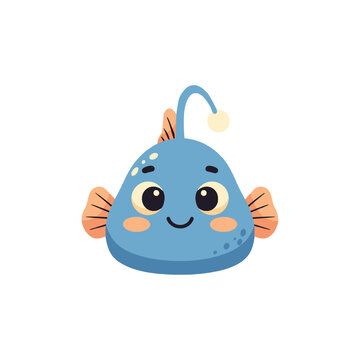 Cute anglerfish cartoon vector illustration. Happy deep sea fish character icon with light